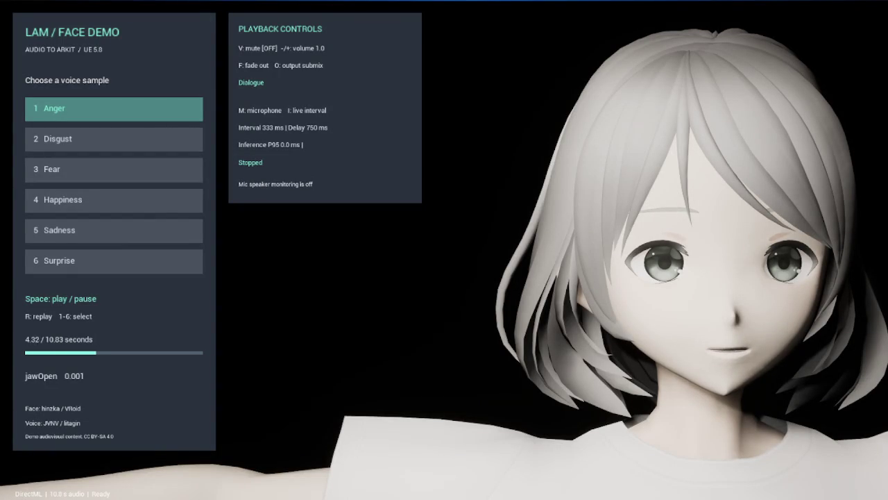 日本語音声に合わせて表情を生成するv0.2.0顔デモの画面。公開済み録画の5秒時点。