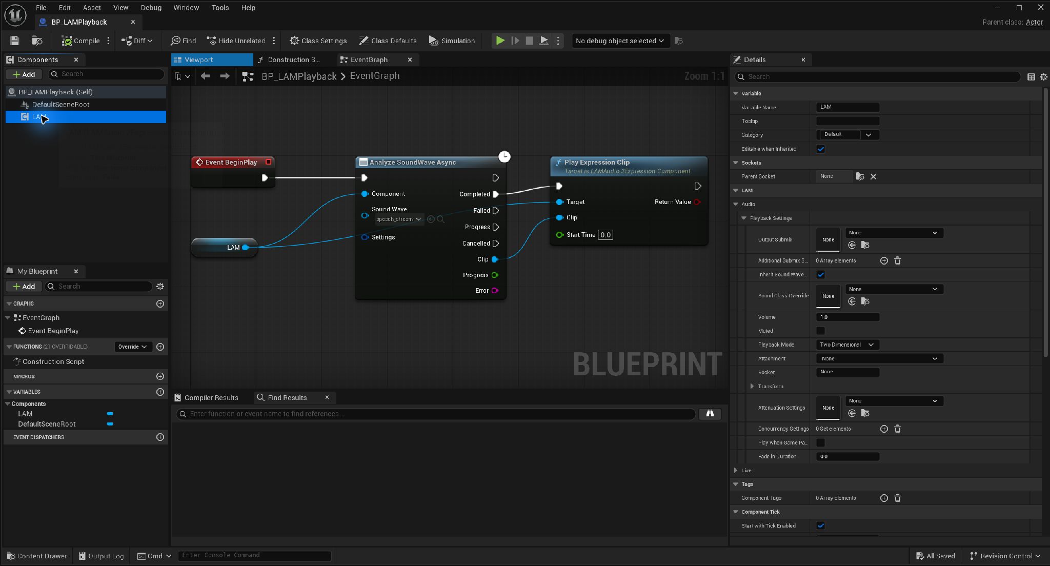 BlueprintのComponentsパネル。Addボタンと追加済みのLAMコンポーネント。