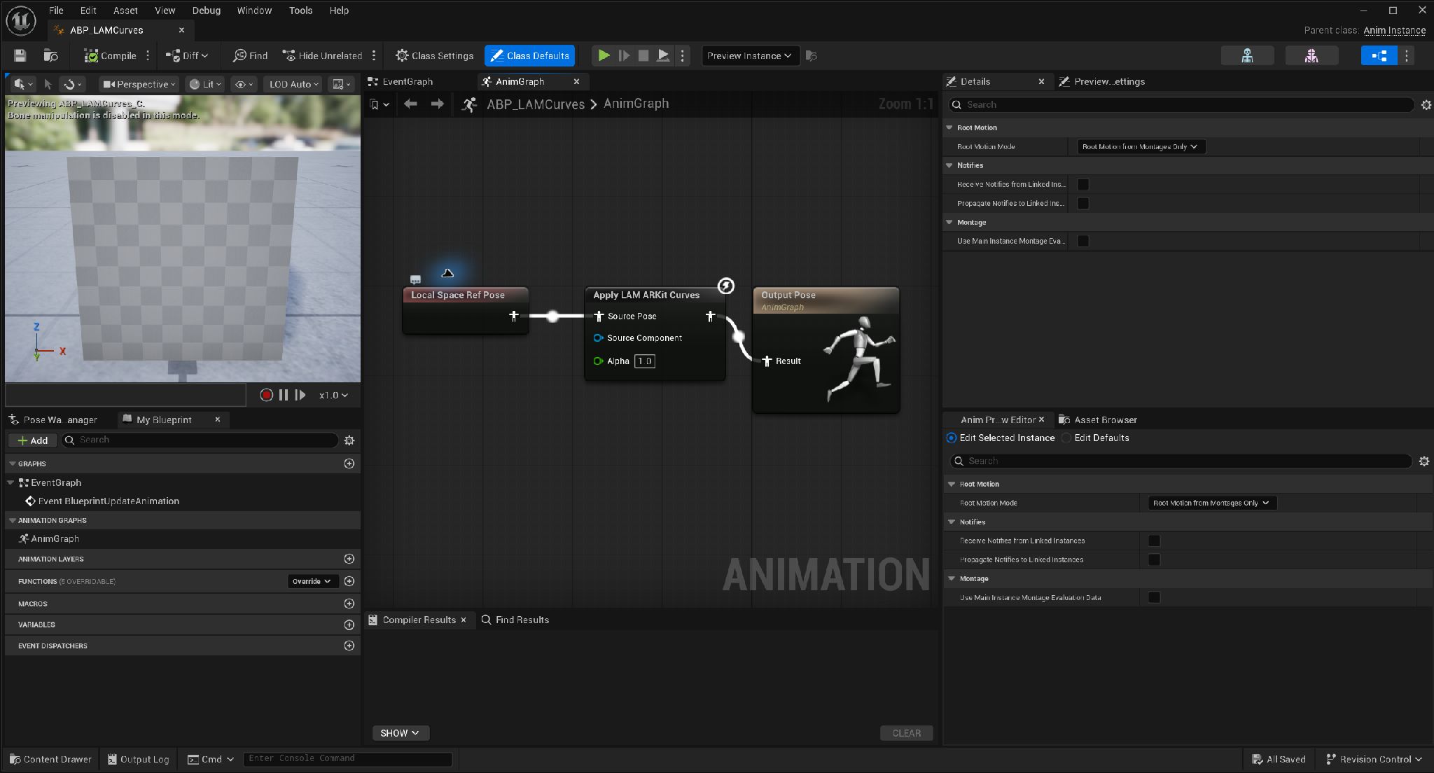 Local Space Ref Pose、Apply LAM ARKit Curves、Output Poseを接続した実際のAnimGraph。