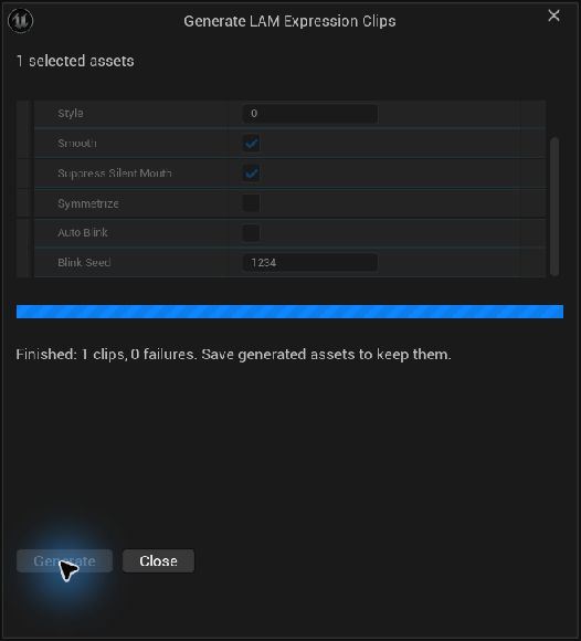 進捗バーとFinished. 1 clips, 0 failures. Save generated assets to keep them.の実際の完了表示。