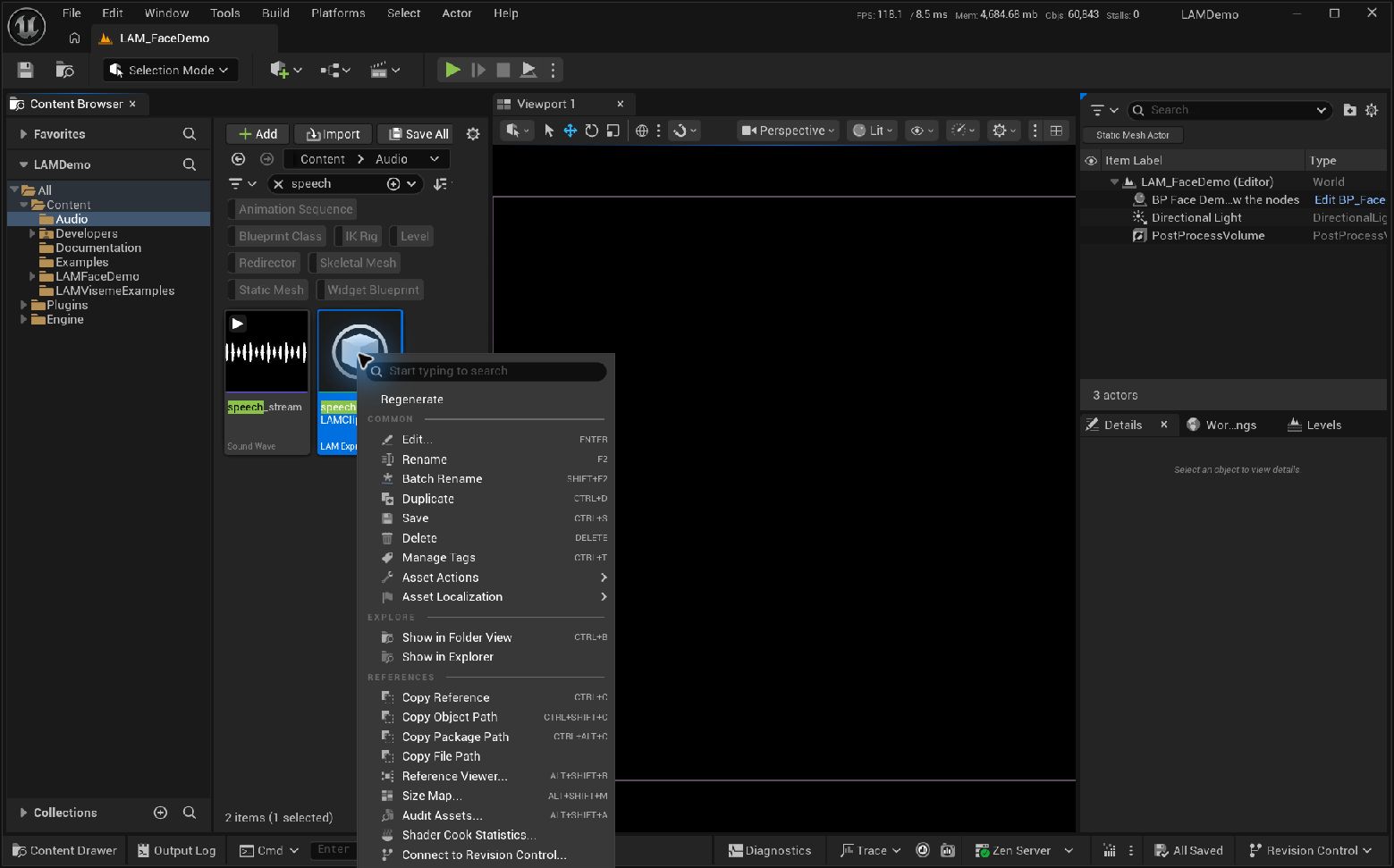 Content Browserのspeech_stream_LAMClipと、その右クリックメニューのRegenerate。