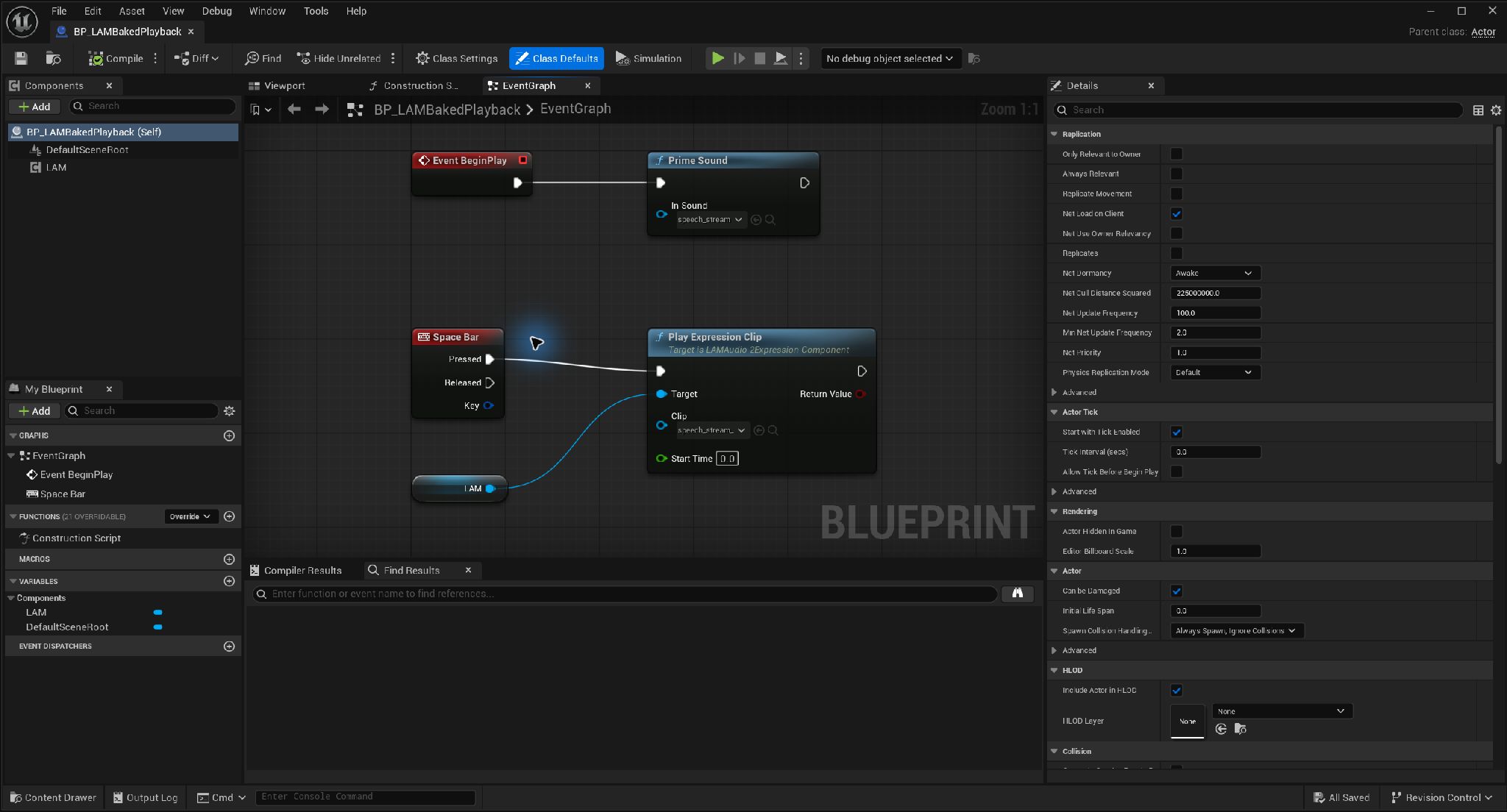 BeginPlayでspeech_streamをPrime Soundへ渡し、Space Barから保存済みClipをPlay Expression Clipで再生するBlueprint。