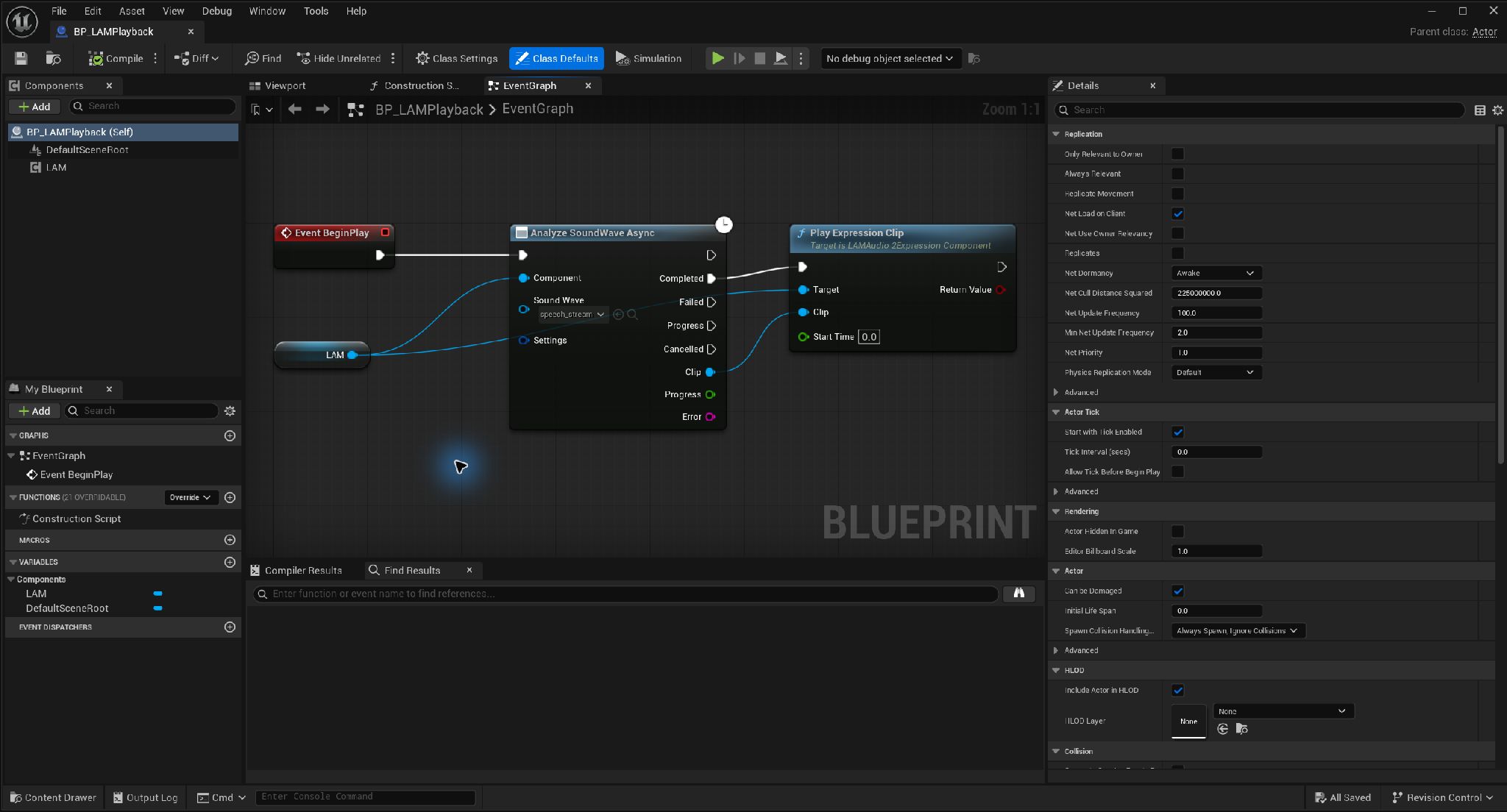 BeginPlayからAnalyze SoundWave Asyncを呼び、CompletedとClipをPlay Expression Clipへ接続したBlueprint。