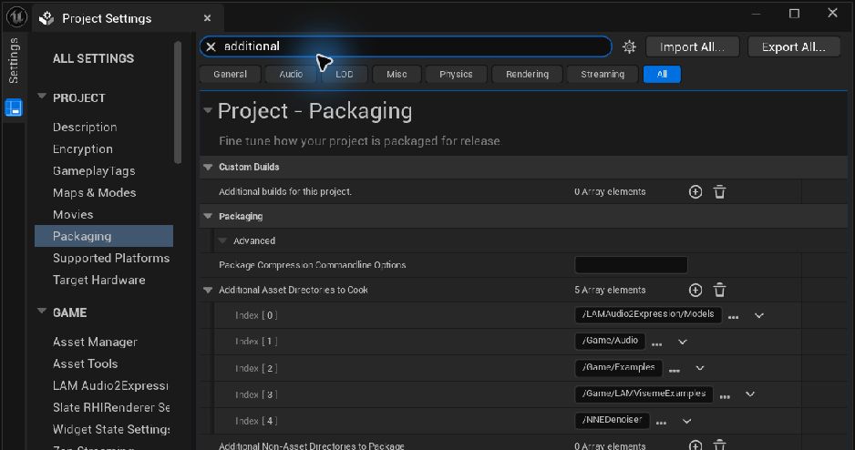 PackagingのAdditional Asset Directories to Cookに/LAMAudio2Expression/Modelsを登録した画面。