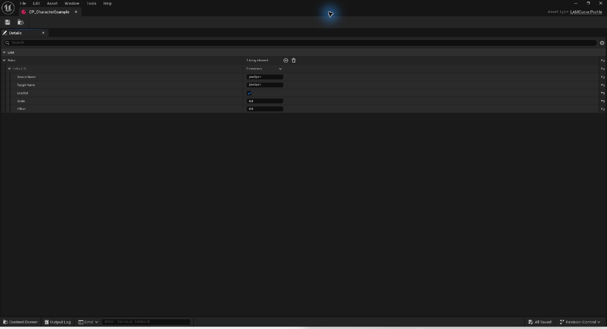 Curve ProfileのSource NameとTarget NameはjawOpen、Enabledは有効、Scaleは0.8、Offsetは0.0。
