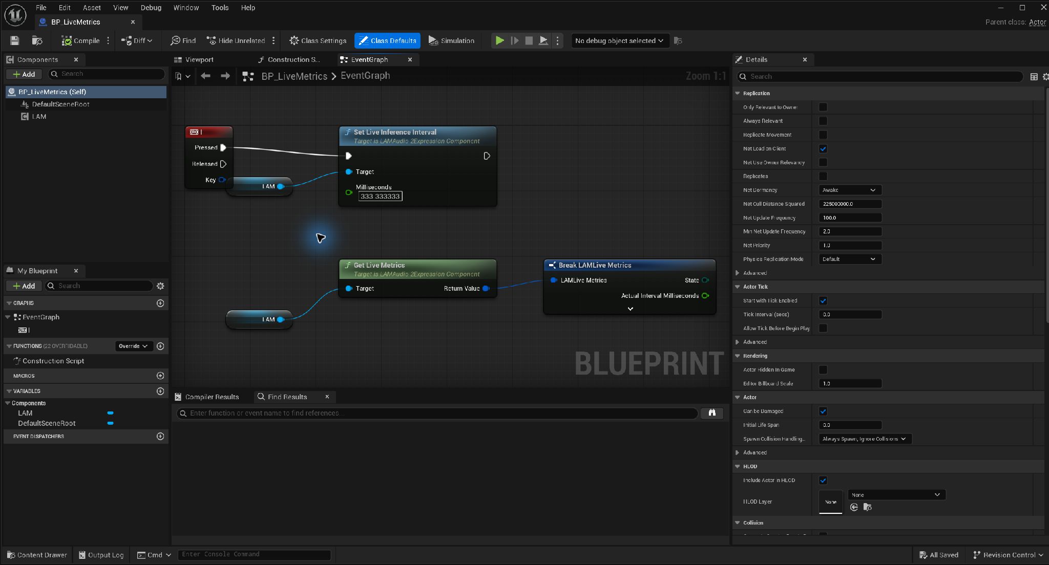 Set Live Inference Intervalに333.333333 msを渡し、Get Live MetricsをBreak LAMLive Metricsへ接続したBlueprint。