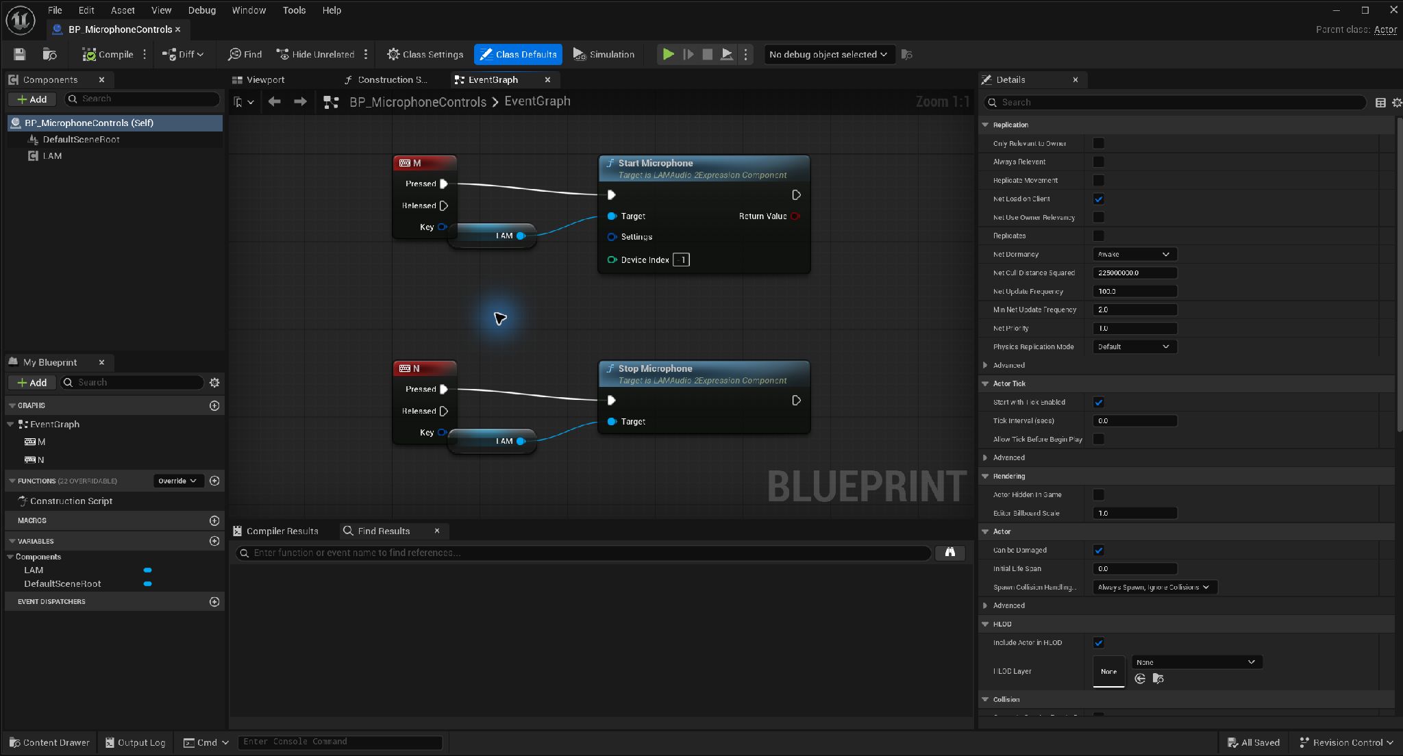 MからStart Microphone、NからStop Microphoneを呼ぶBlueprint。Device Indexは-1。