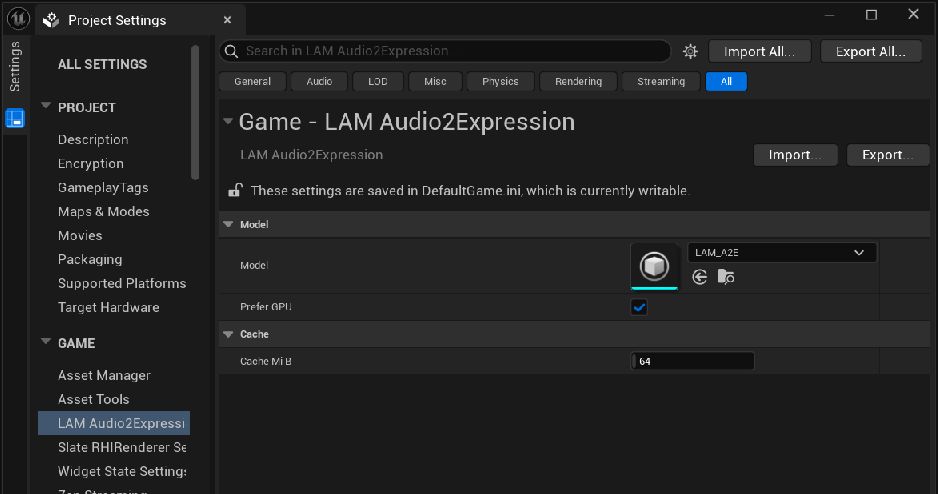 LAM Audio2ExpressionのModelにLAM_A2Eを指定し、Prefer GPUを有効、Cache MiBを64にした設定画面。