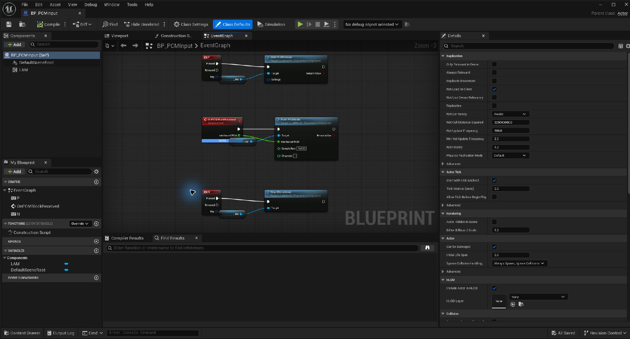 Start PCMStream、OnPCMBlockReceivedカスタムイベントからPush PCMAudio、Stop Microphoneを接続したBlueprint。