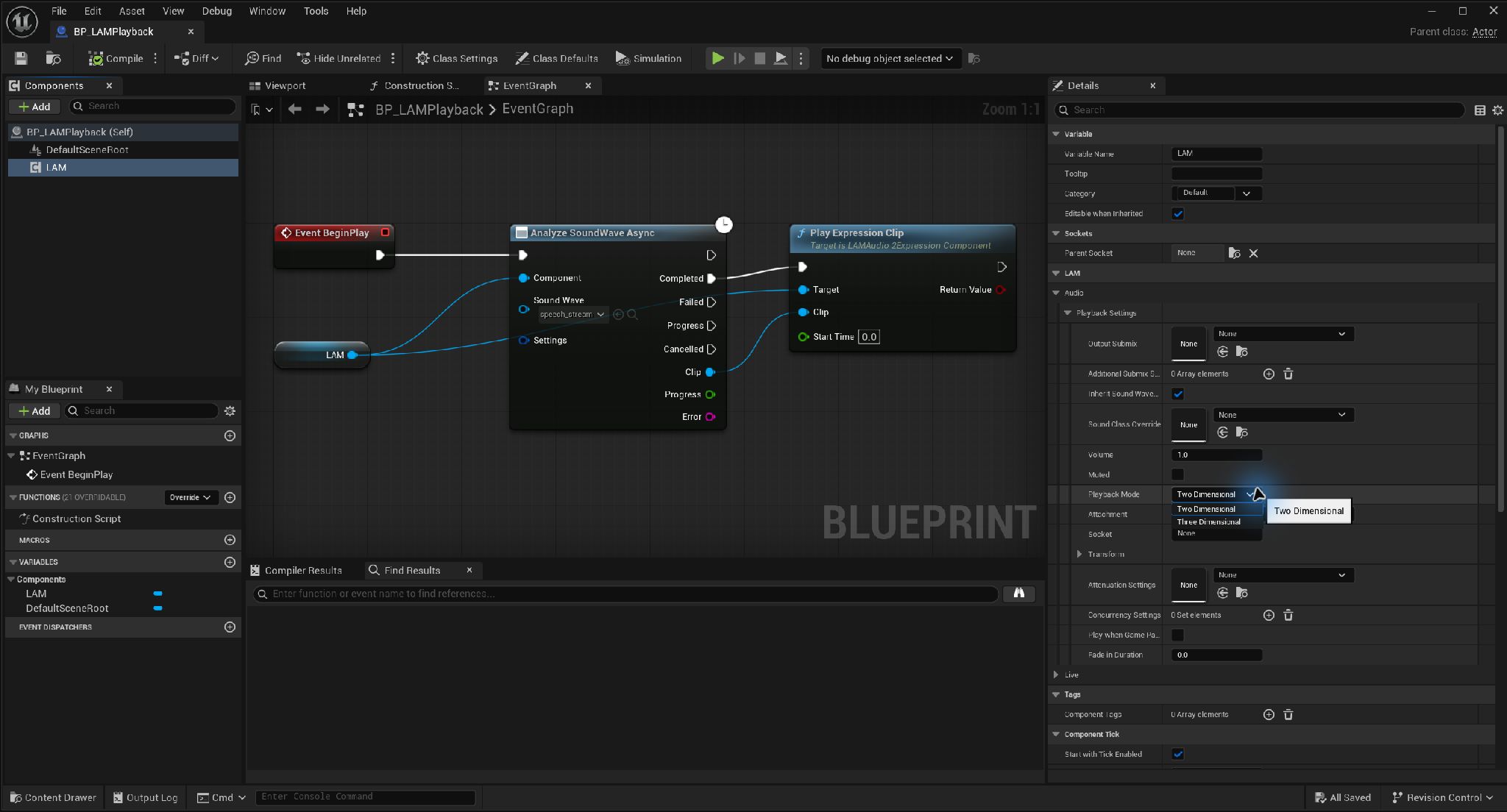 Playback ModeのTwo DimensionalとThree Dimensionalの選択肢、Attachment、Socket、Attenuation Settings。