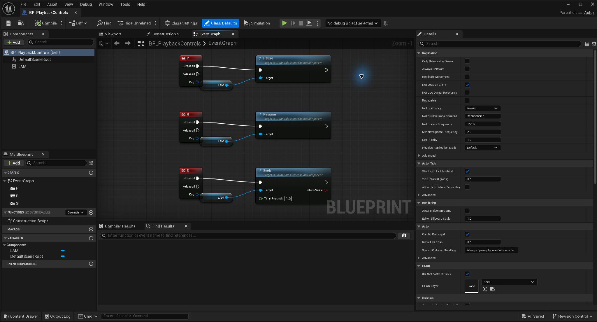 PキーからPause、RキーからResume、SキーからTime Seconds 1.0のSeekを呼ぶBlueprint。