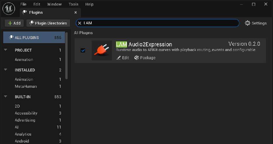 LAMで検索したPlugins画面。LAM Audio2Expressionが有効になっている。