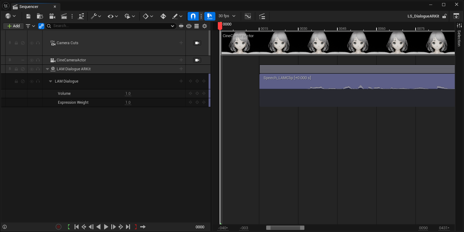LAM DialogueのSpeech_LAMClip、開始位置+0.000秒、Volume 1.0、Expression Weight 1.0が表示されたSequencer。