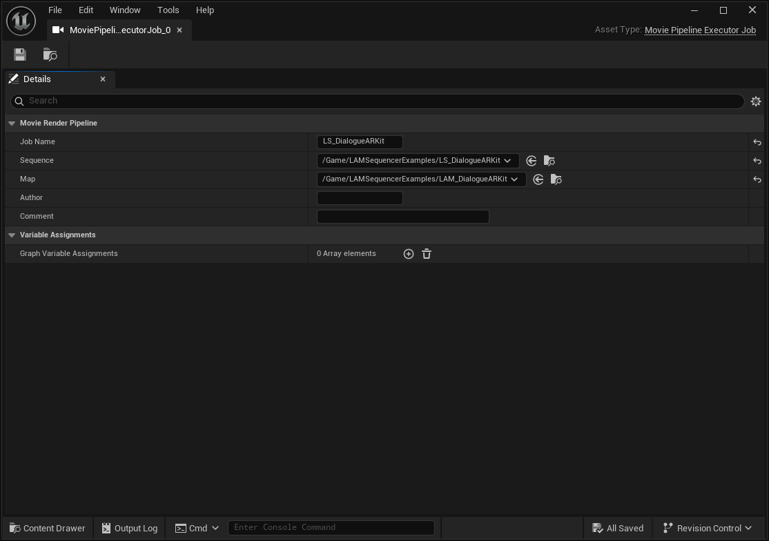MRQジョブのDetails。SequenceはLS_DialogueARKit、MapはLAM_DialogueARKitを参照している。