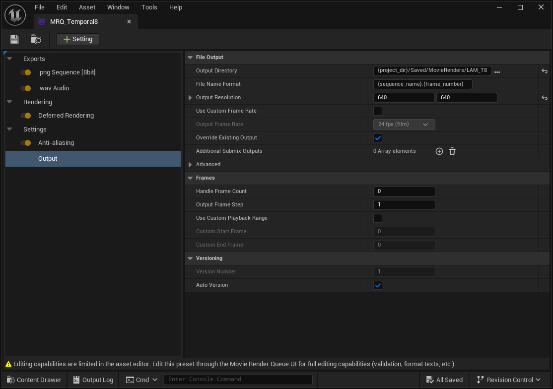 MRQ_Temporal8プリセットの編集画面。PNG SequenceとWAV Audioが有効で、出力解像度は640×640。