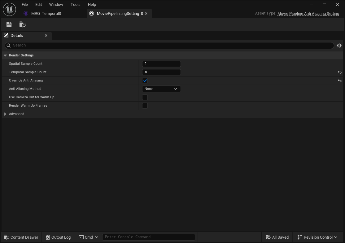 付属プリセットのAnti-aliasing設定のDetails。Spatial Sample Countは1、Temporal Sample Countは8。